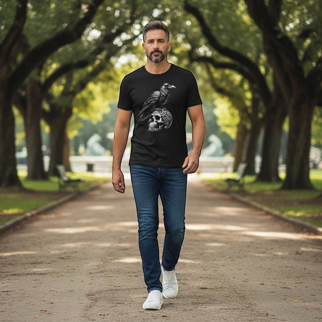 Man walking in park wearing Raven Skull design on black t shirt