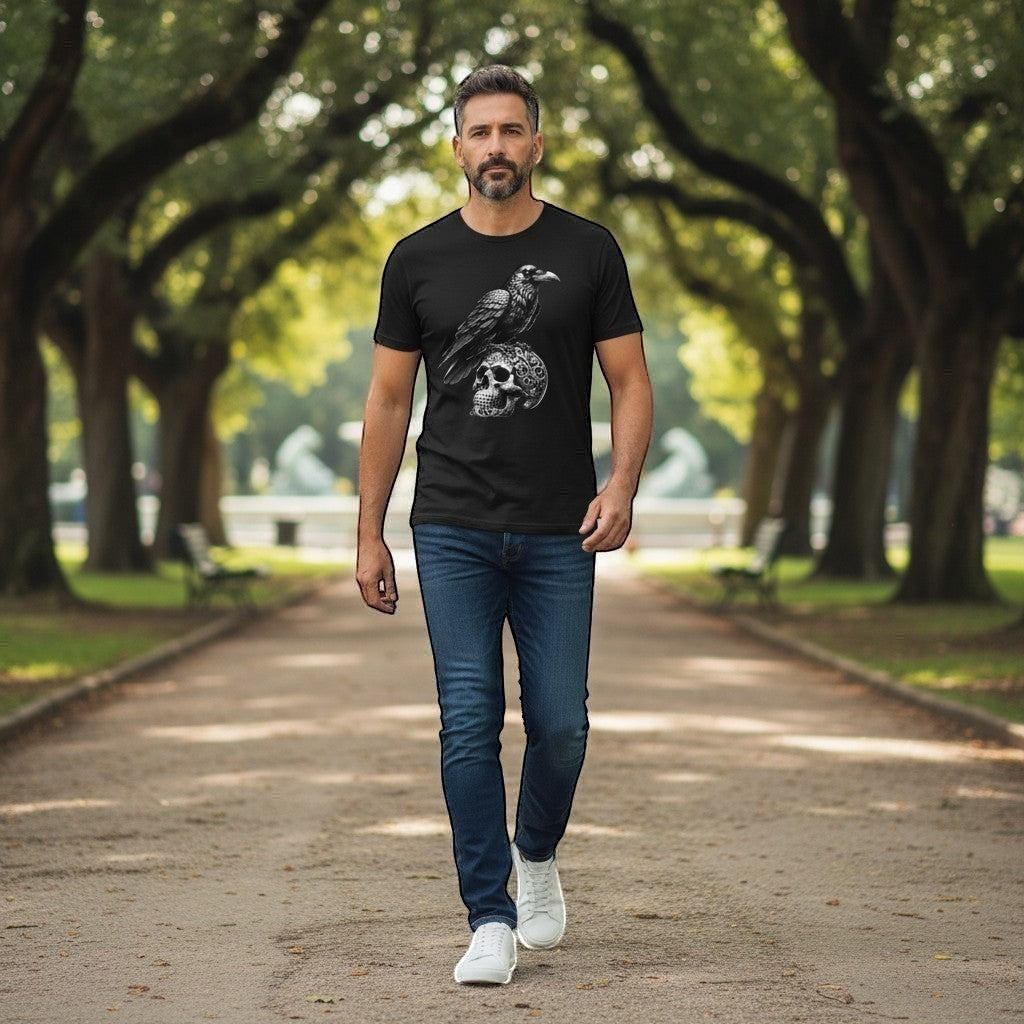Man walking in park wearing Raven Skull design on black t shirt