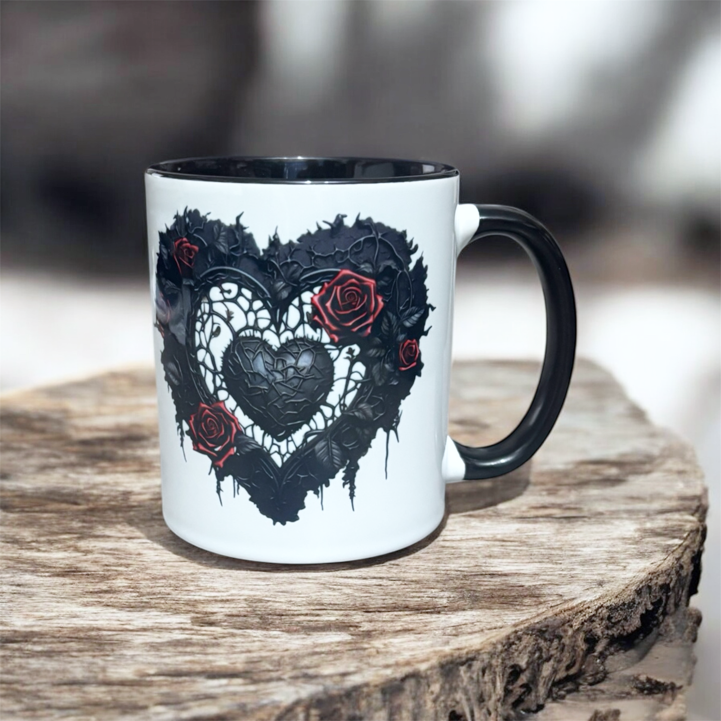 Black handle and inner 2 tone mug with gothic heart hand printed UK