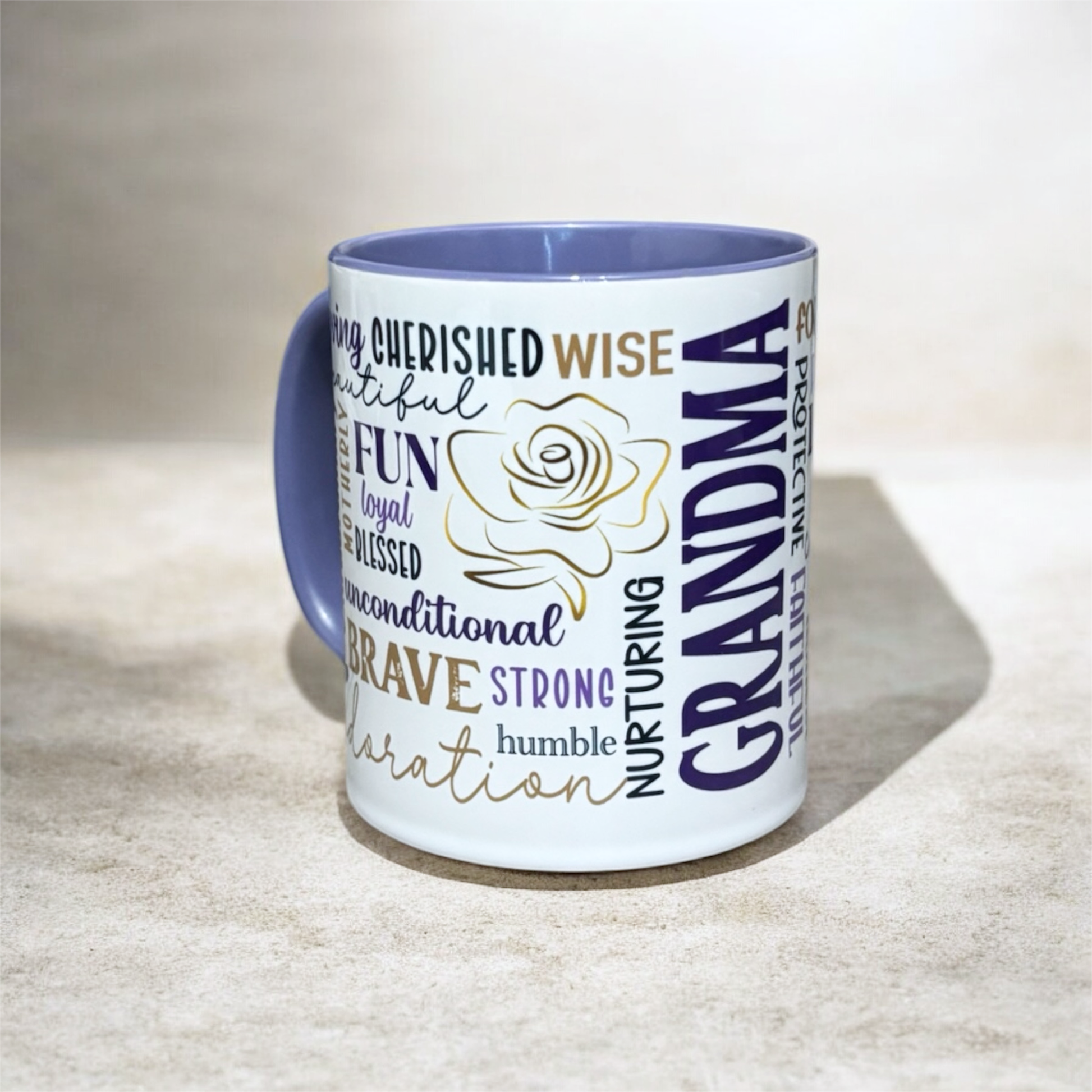 Grandma text mug on a purple inner and handle mug hand printed UK