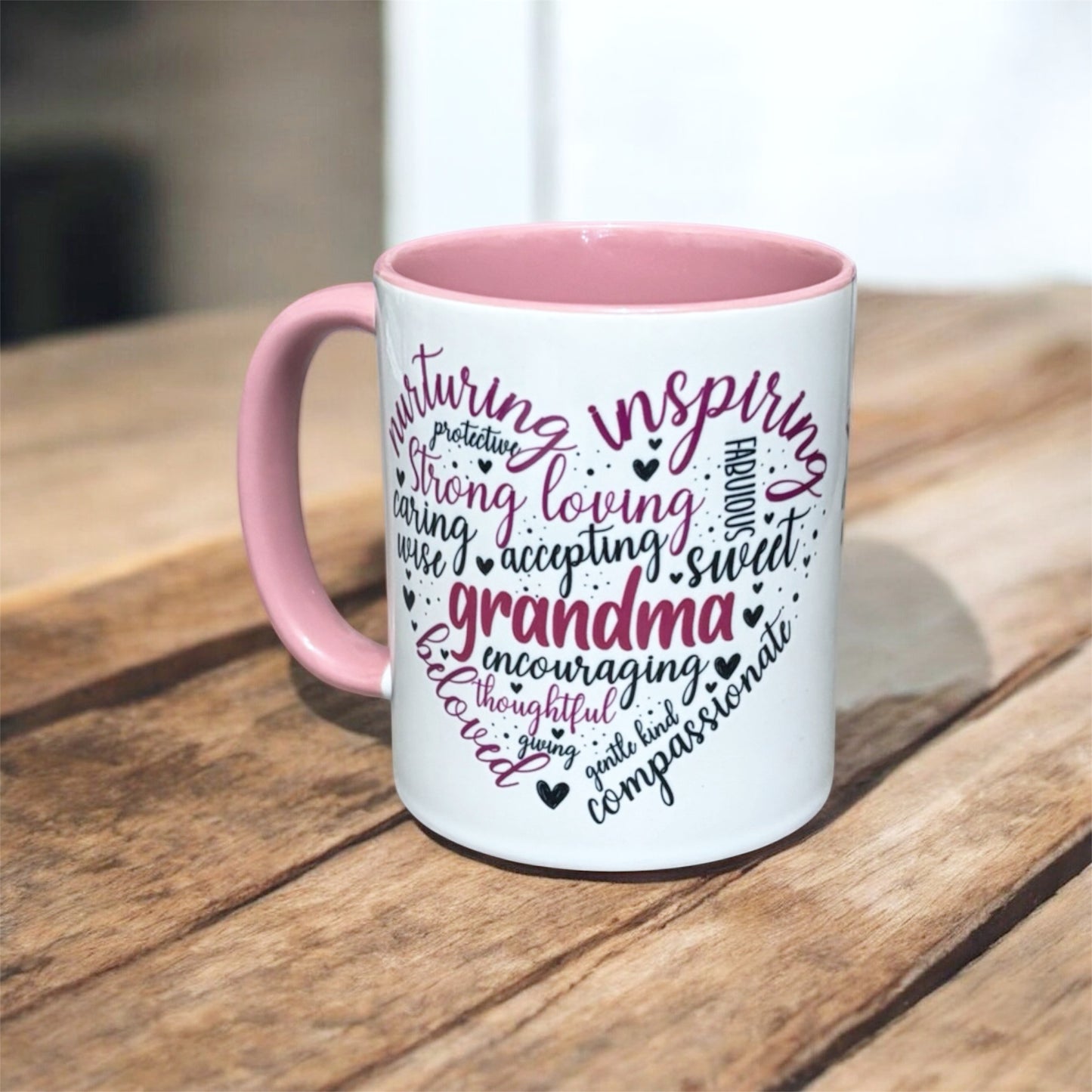 Pink inner and handle ceramic mug with Grandma heart shaped text hand printed UK