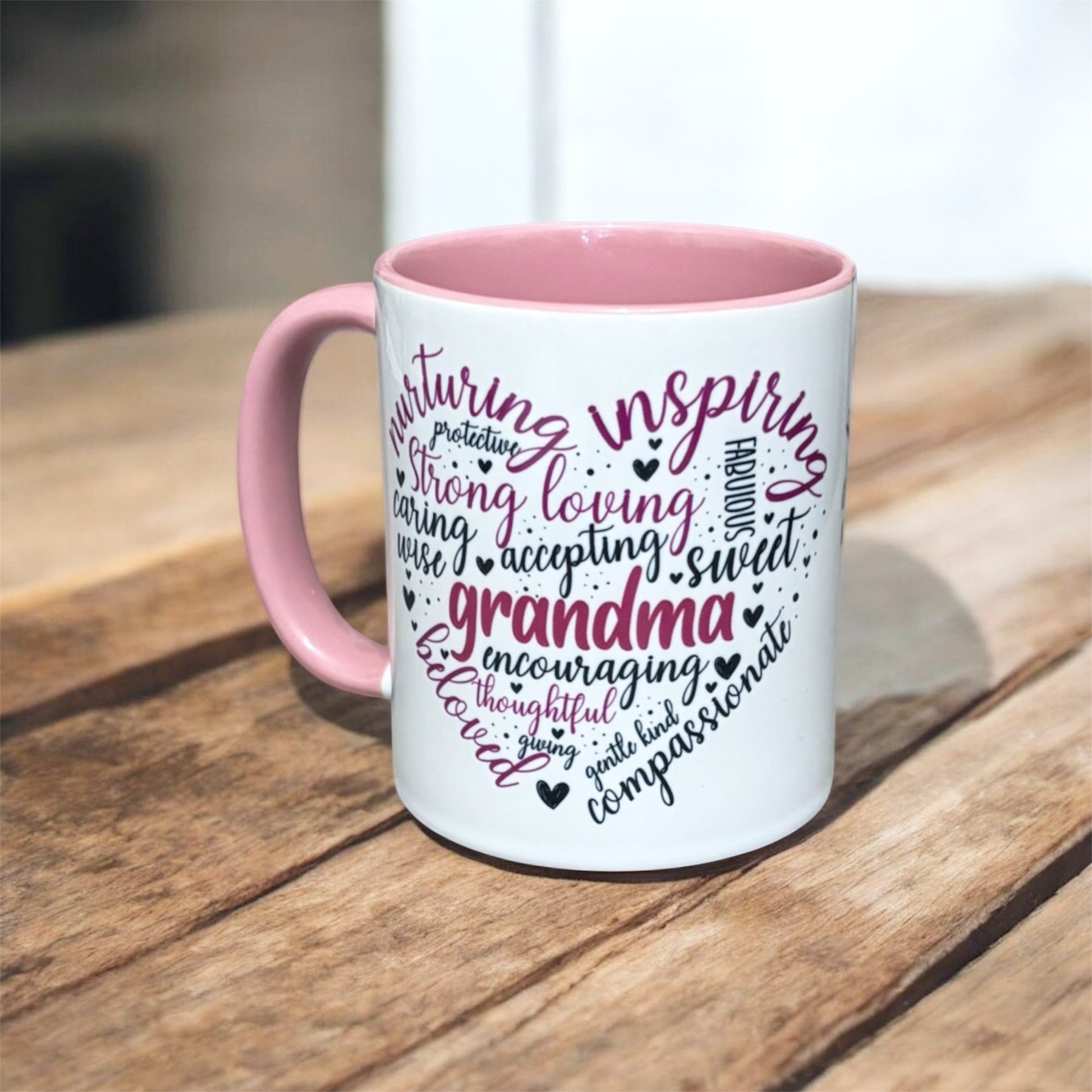 Pink inner and handle ceramic mug with Grandma heart shaped text hand printed UK