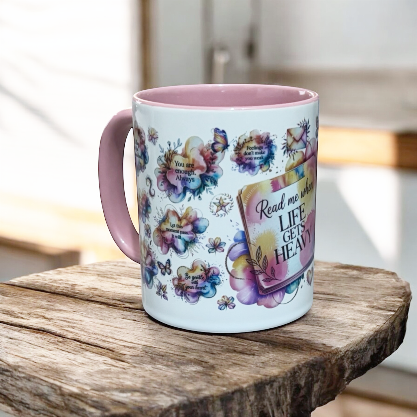 hand printed in the UK Pink 2-tone ceramic mug with floral designs and motivational message