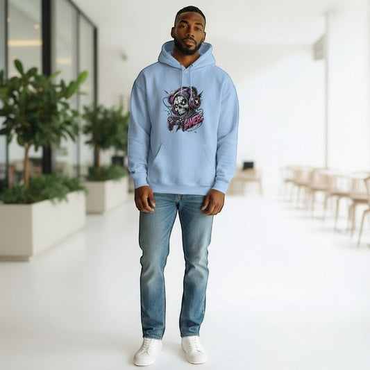 Man wearing a light blue hoodie with a graphic gaming design