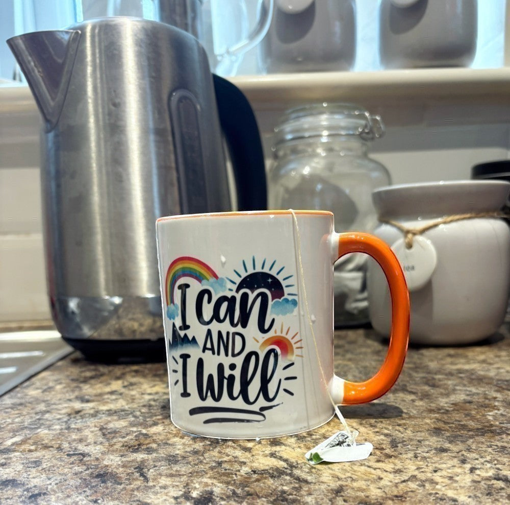 two tone orange mug on kitchen counter hand pressed UK