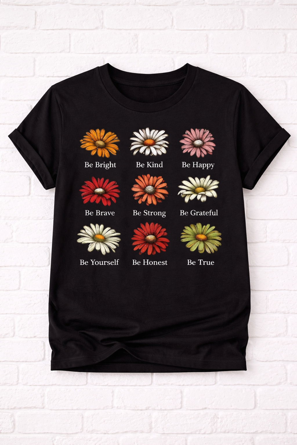 hand pressed in UK Inspirational floral design on a black tee showing 9 colourful daisies