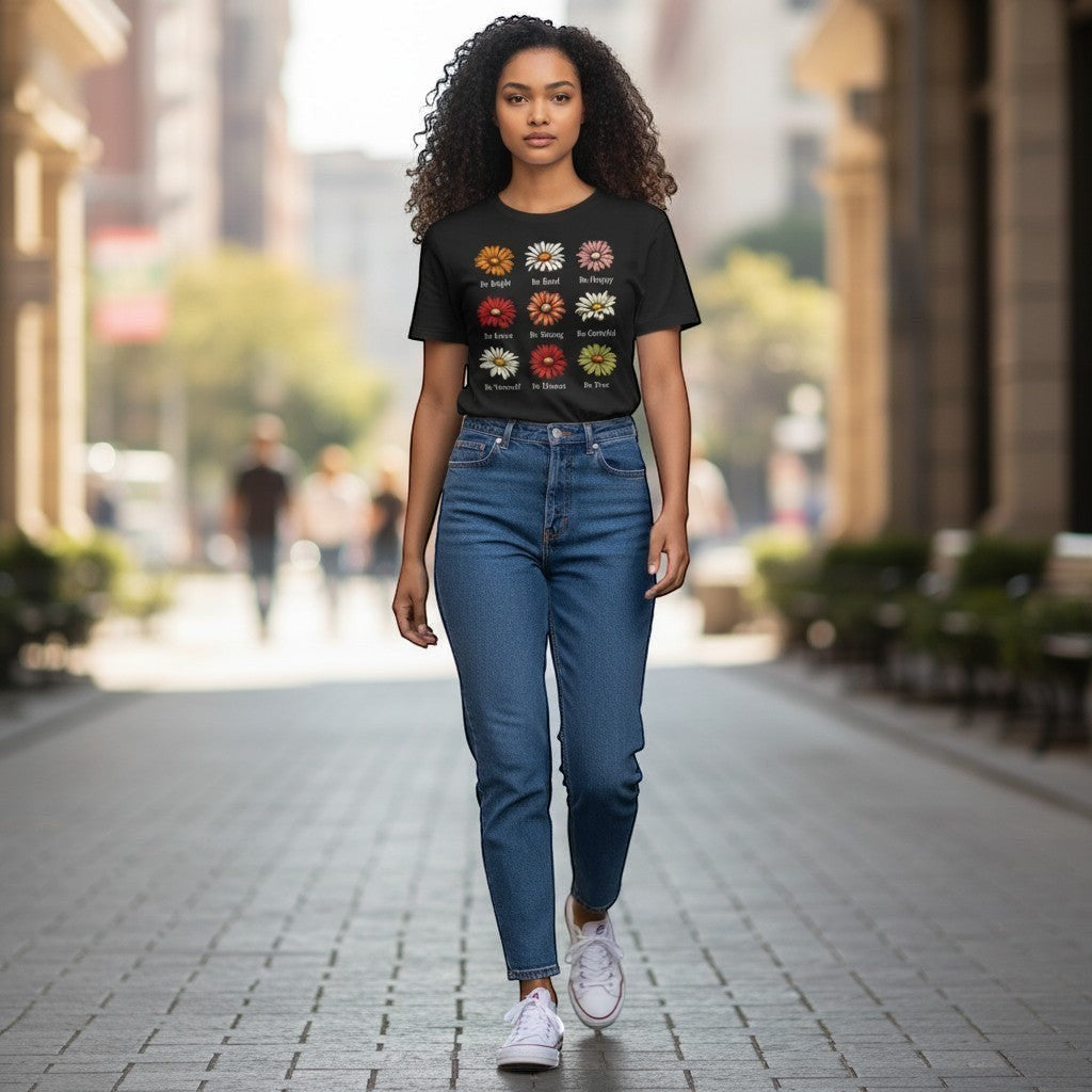Women walking wear black Daisy affirmation's t-shirt