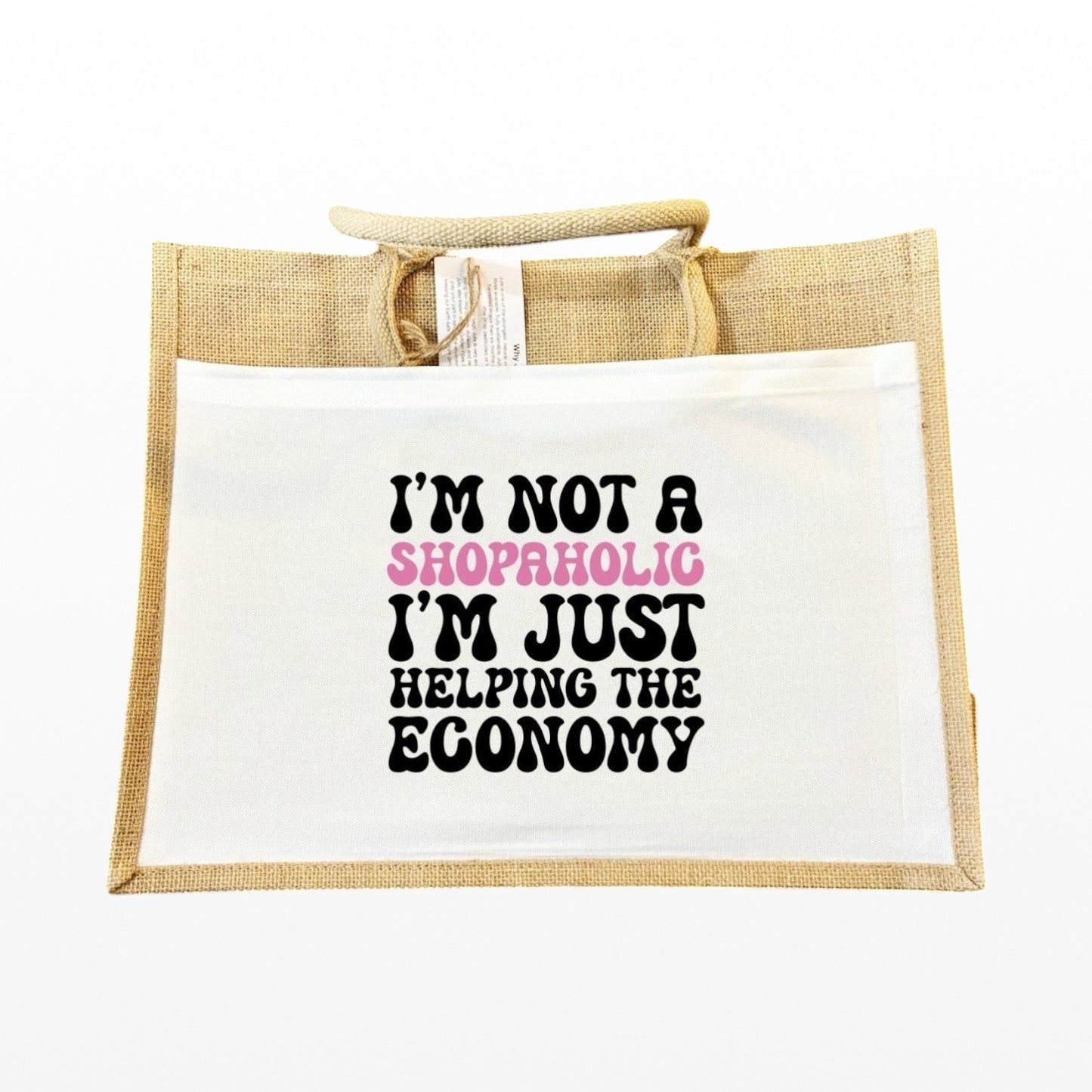 Jute Bag with funny text on front white pocket hand printed UK