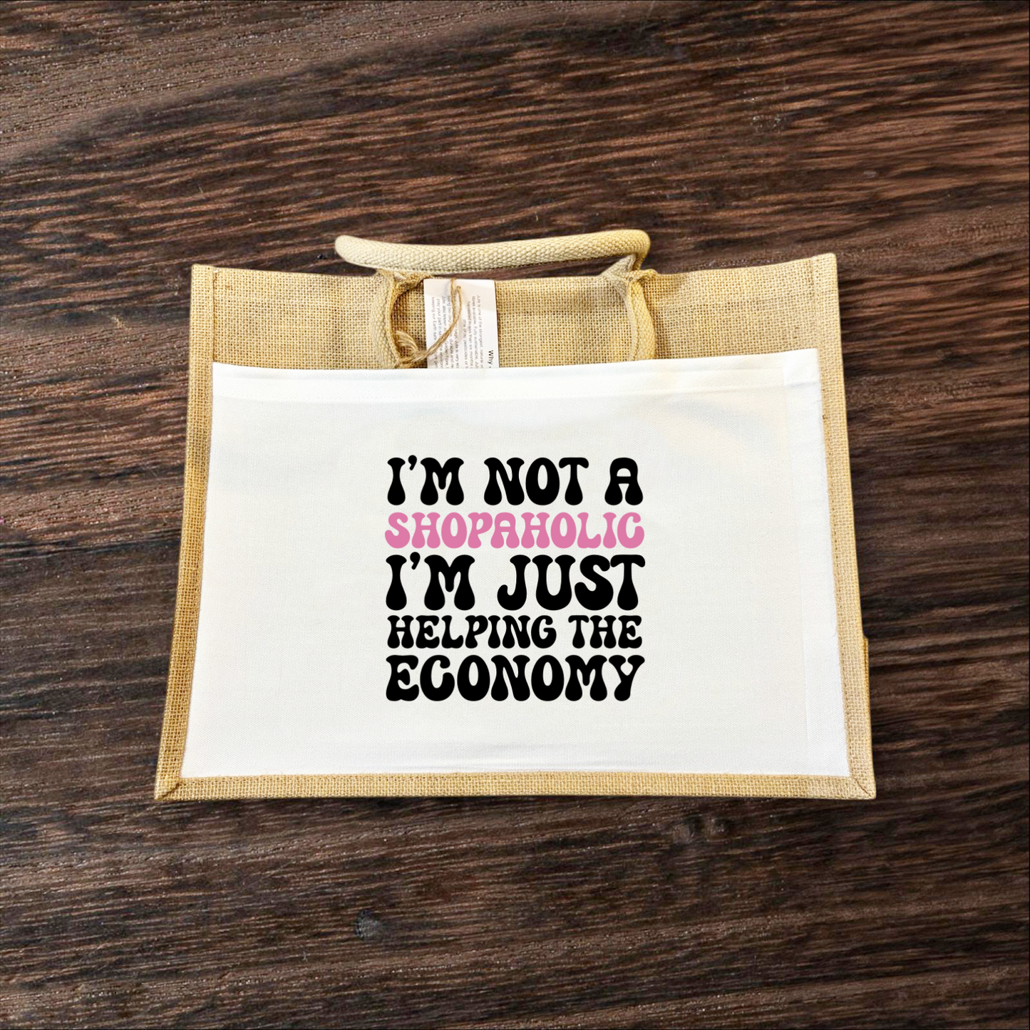 Jute Bag with funny text on front white pocket hand printed UK