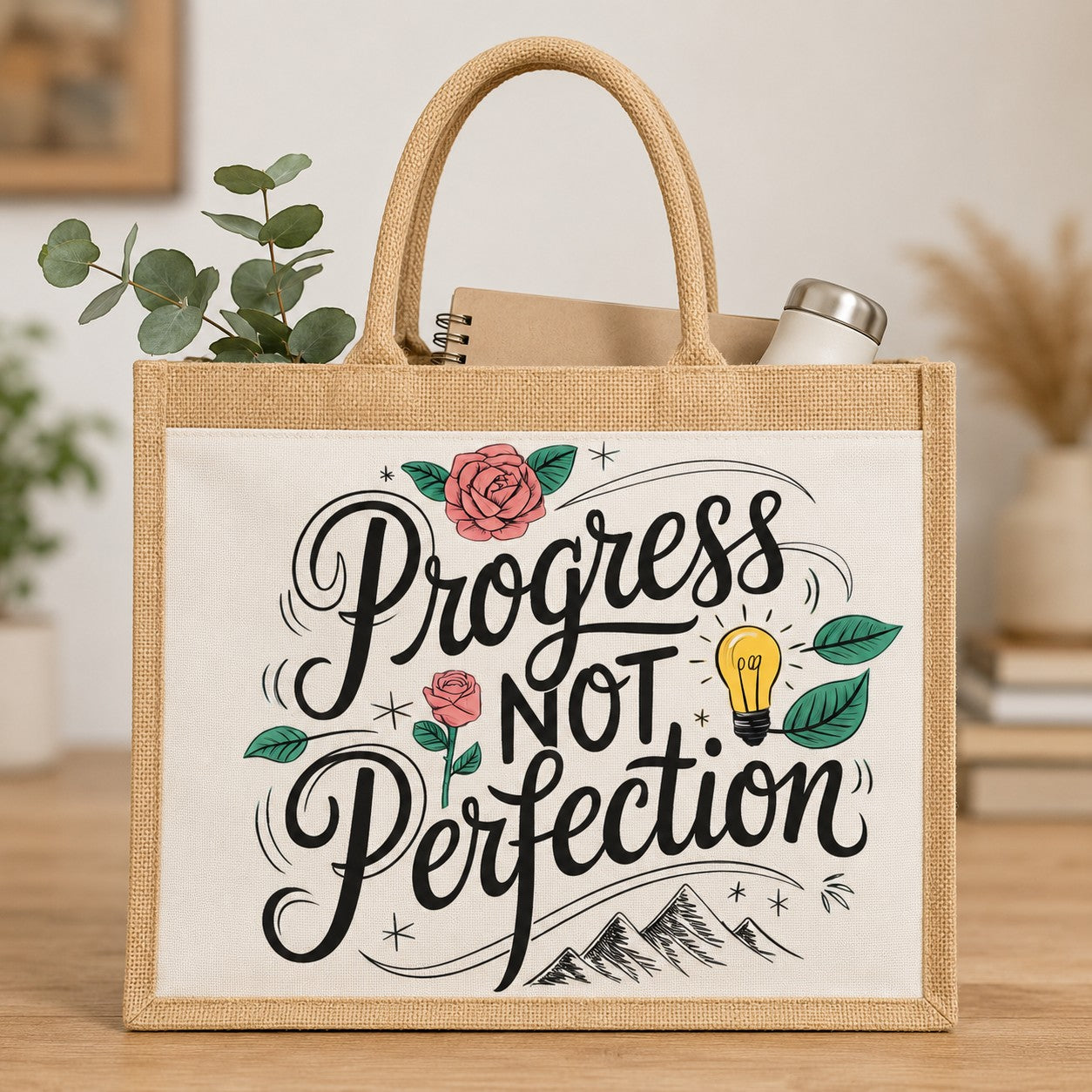 Jute bag with motivational quote on a wooden surface