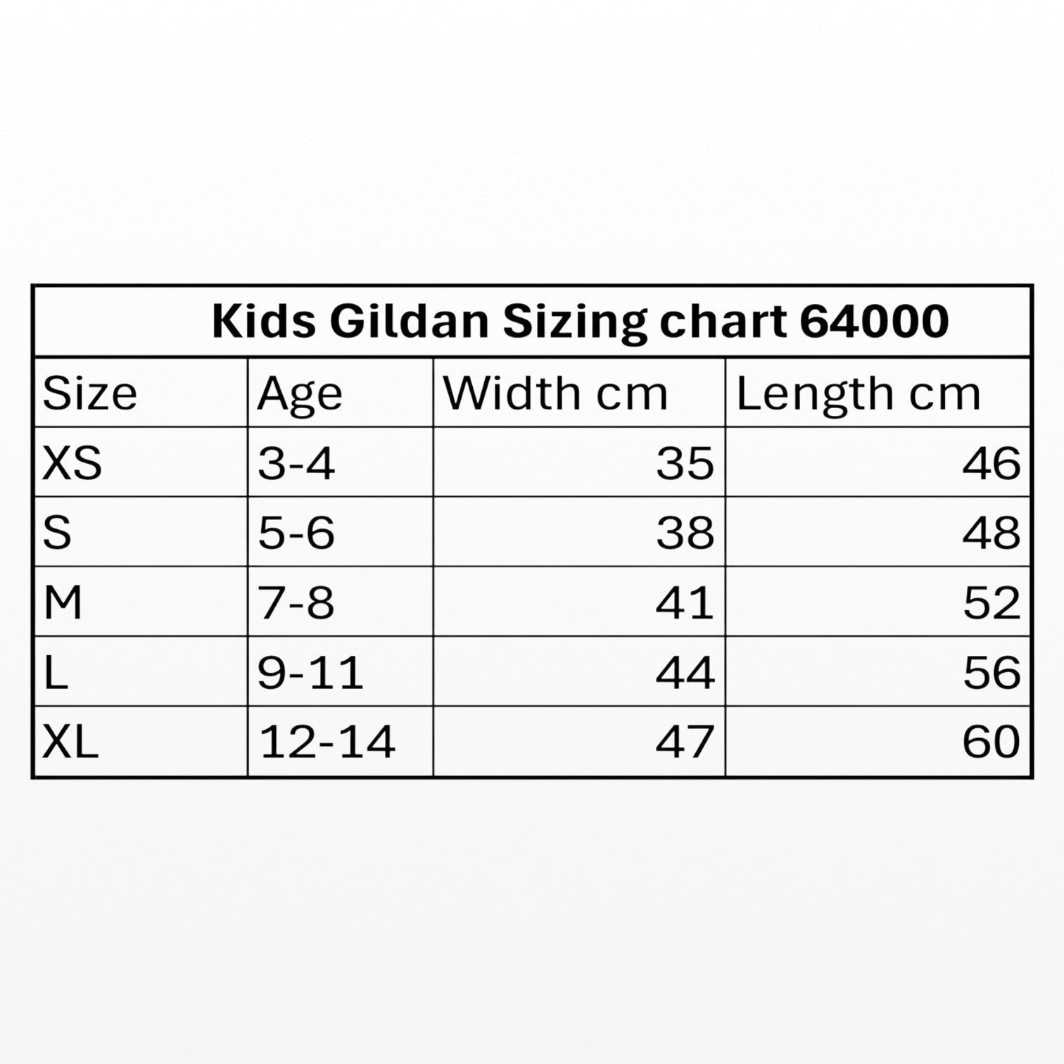 Kids Gildan Sizing chart 64000 with size, age, width, and length measurements.