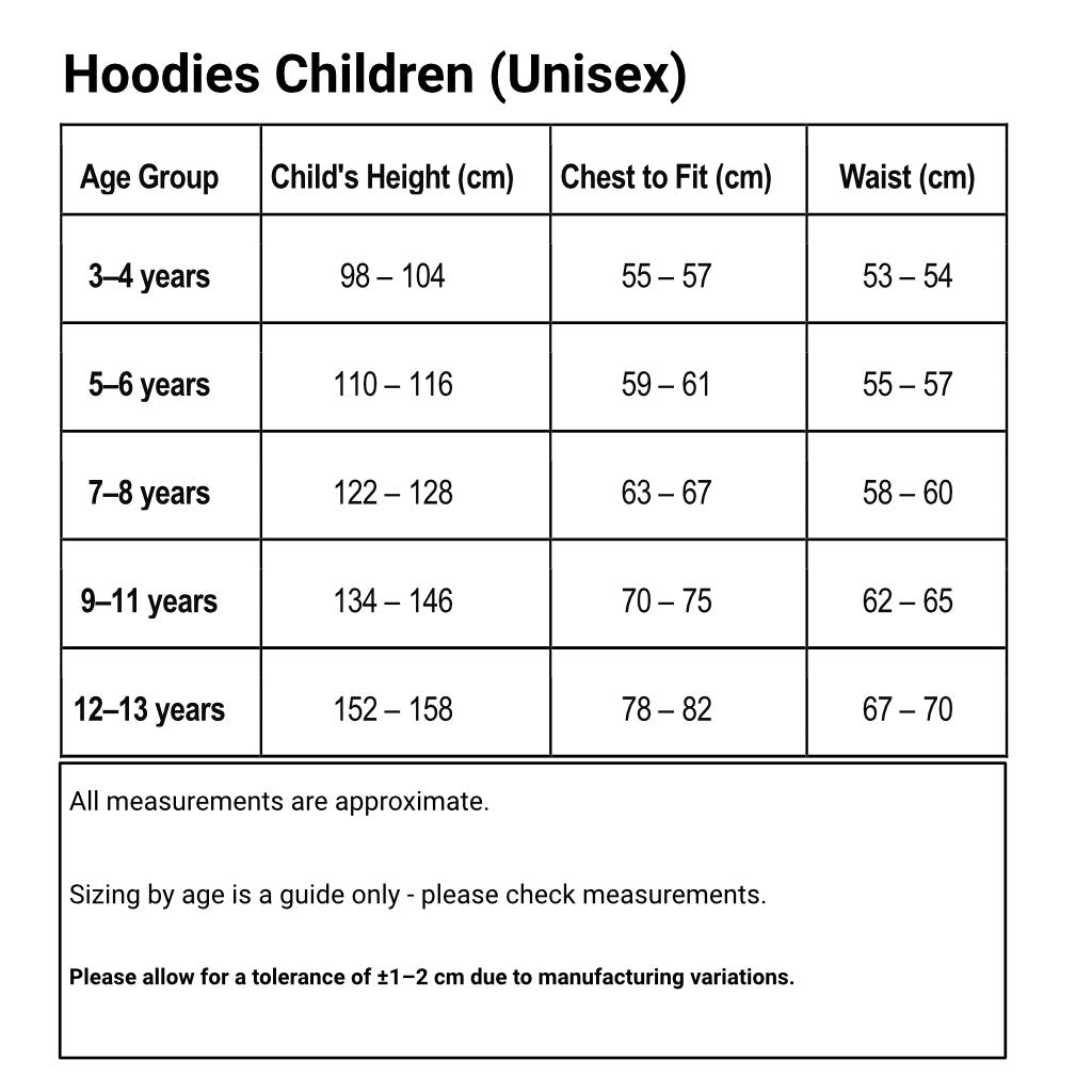 Table of hoodies children unisex size chart with age groups, height, chest, and waist measurements.