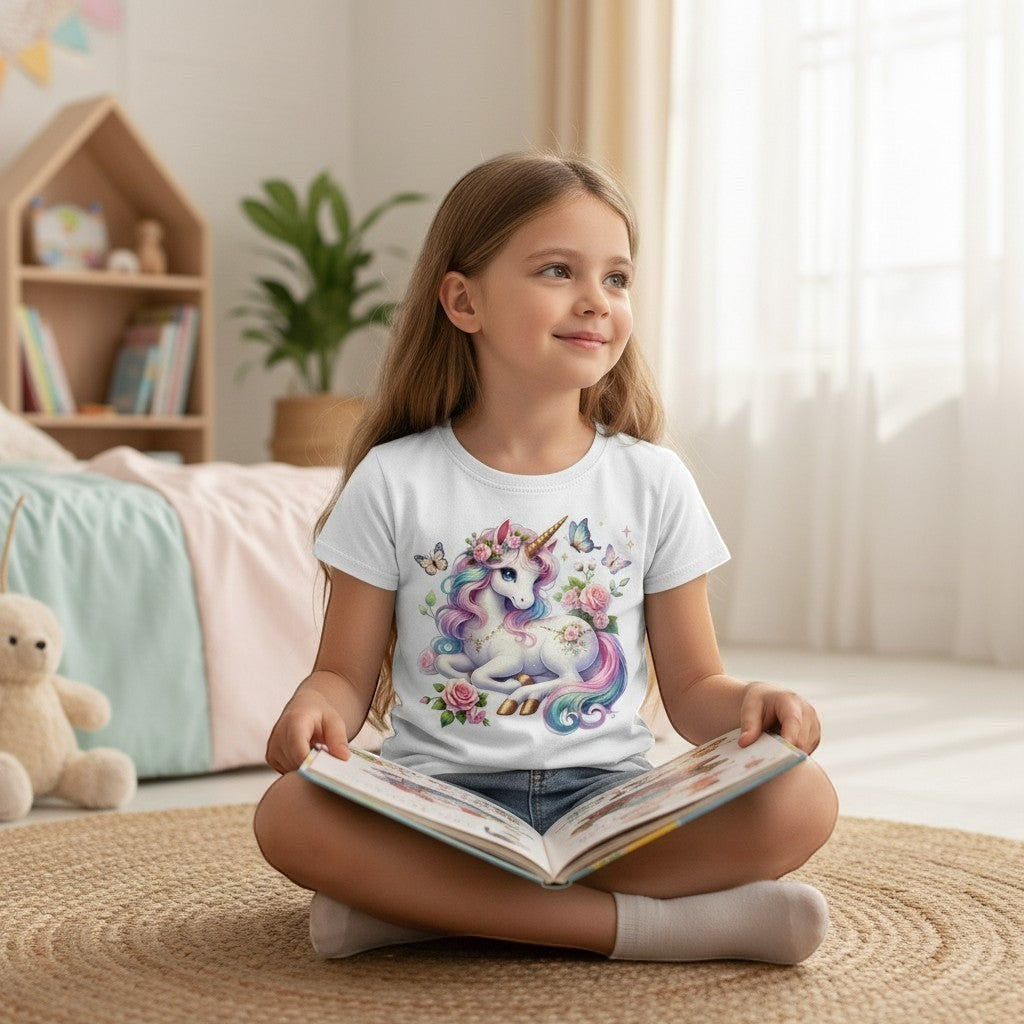 Young girl sitting on the floor reading a book with a unicorn design on her shirt.