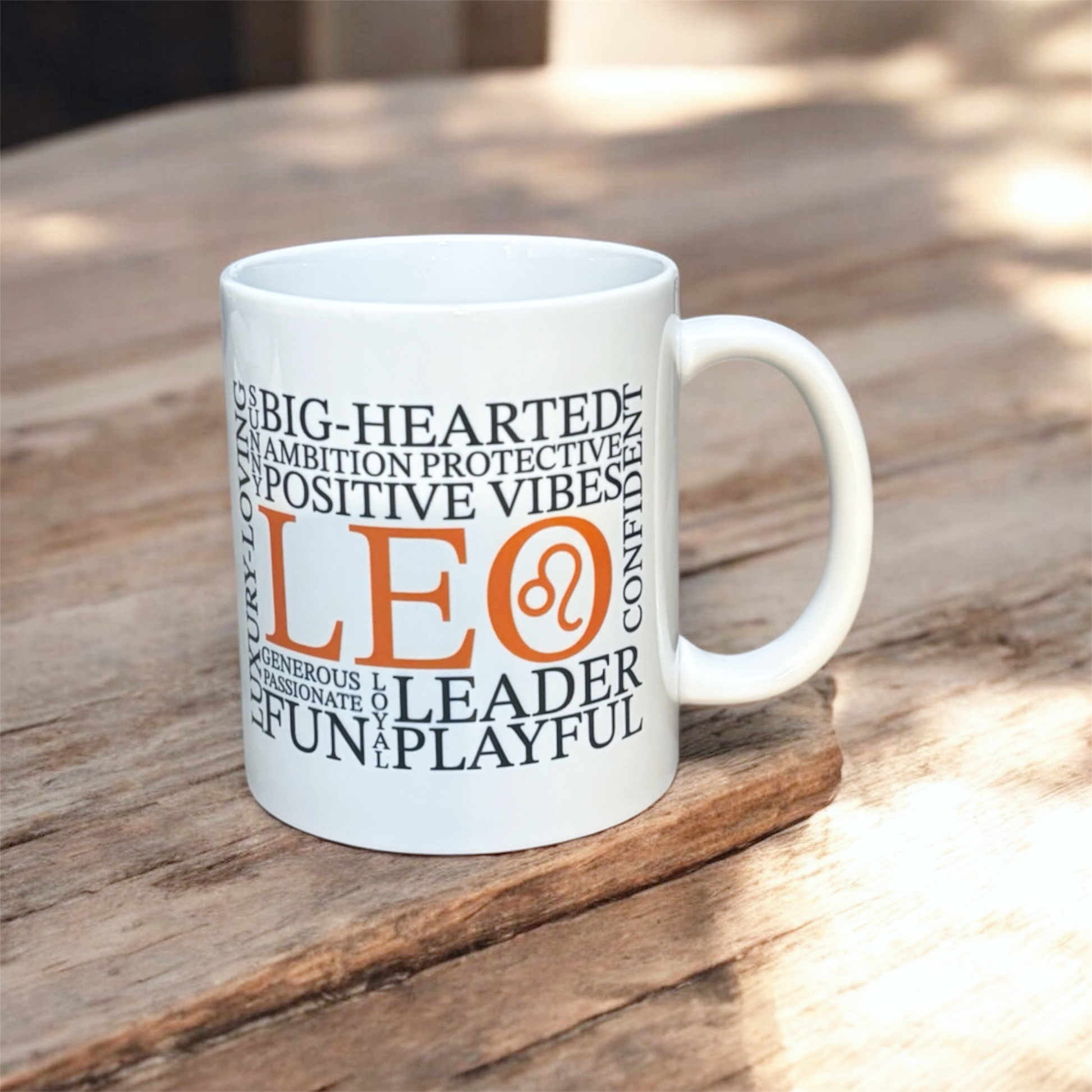 Vivid Leo zodiac mug with illustrated star sign design, printed by hand in the UK