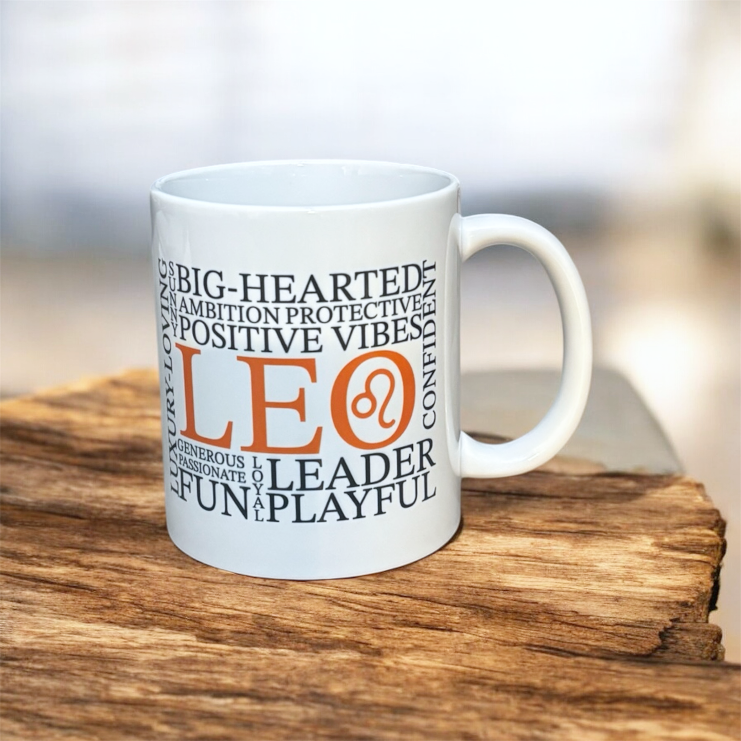 Hand printed in the UK Leo zodiac mug on wood with illustrated star sign design