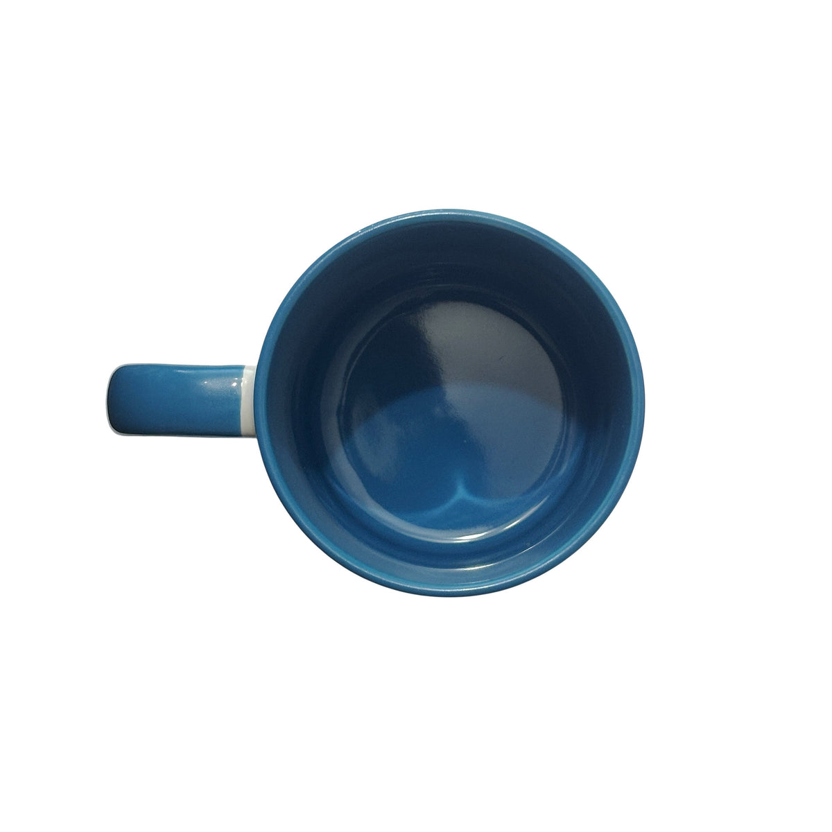 A light blue ceramic mug shown from a top-down perspective, highlighting its light blue interior and handle, on a solid white background.
