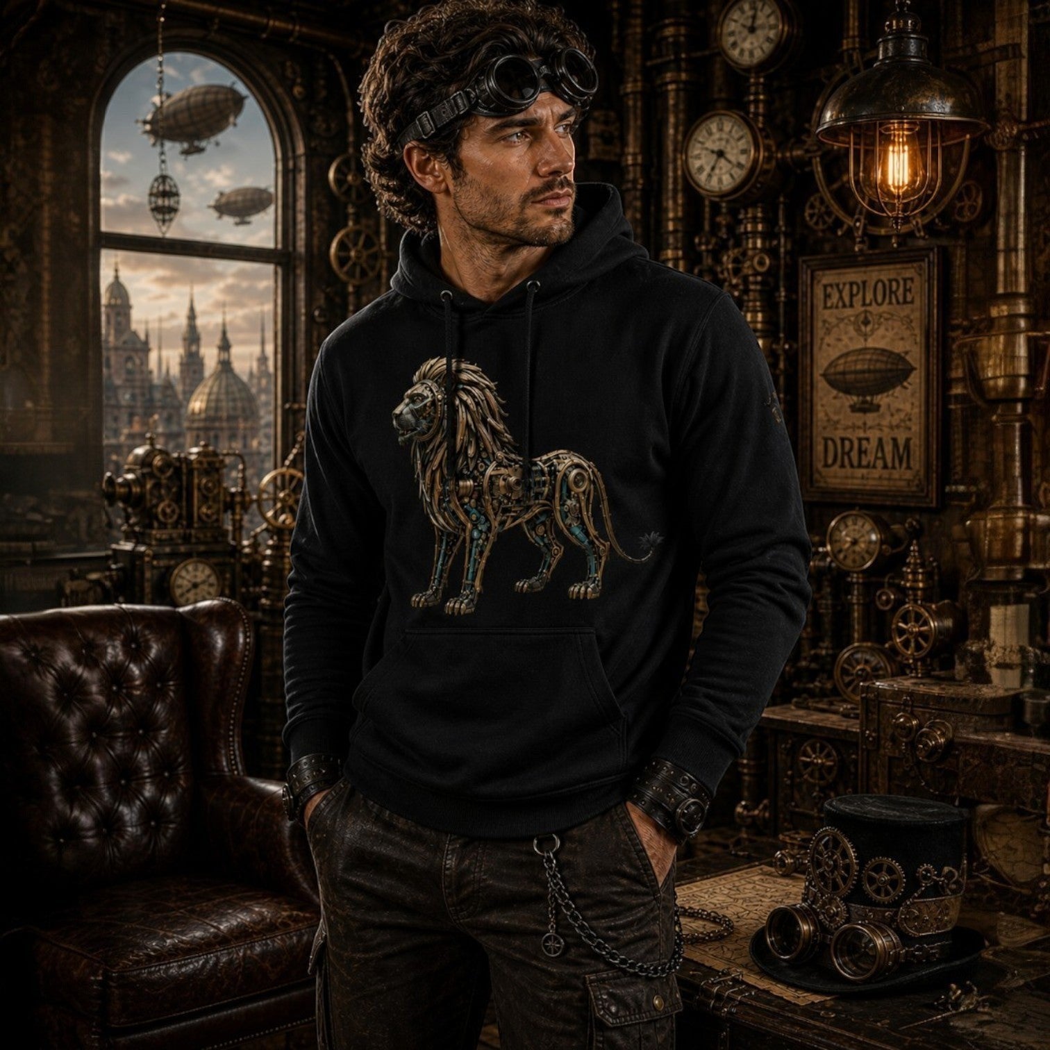 Man wearing a steampunk lion design Hoodie
