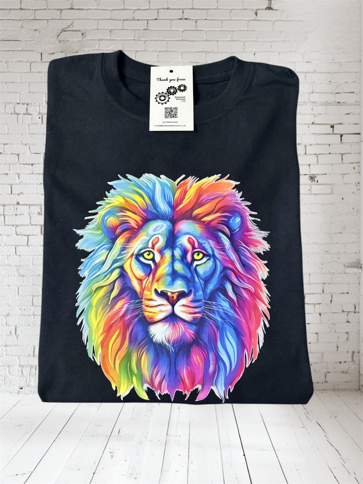 Watercolour Lion Main Black T Shirt hand printed UK