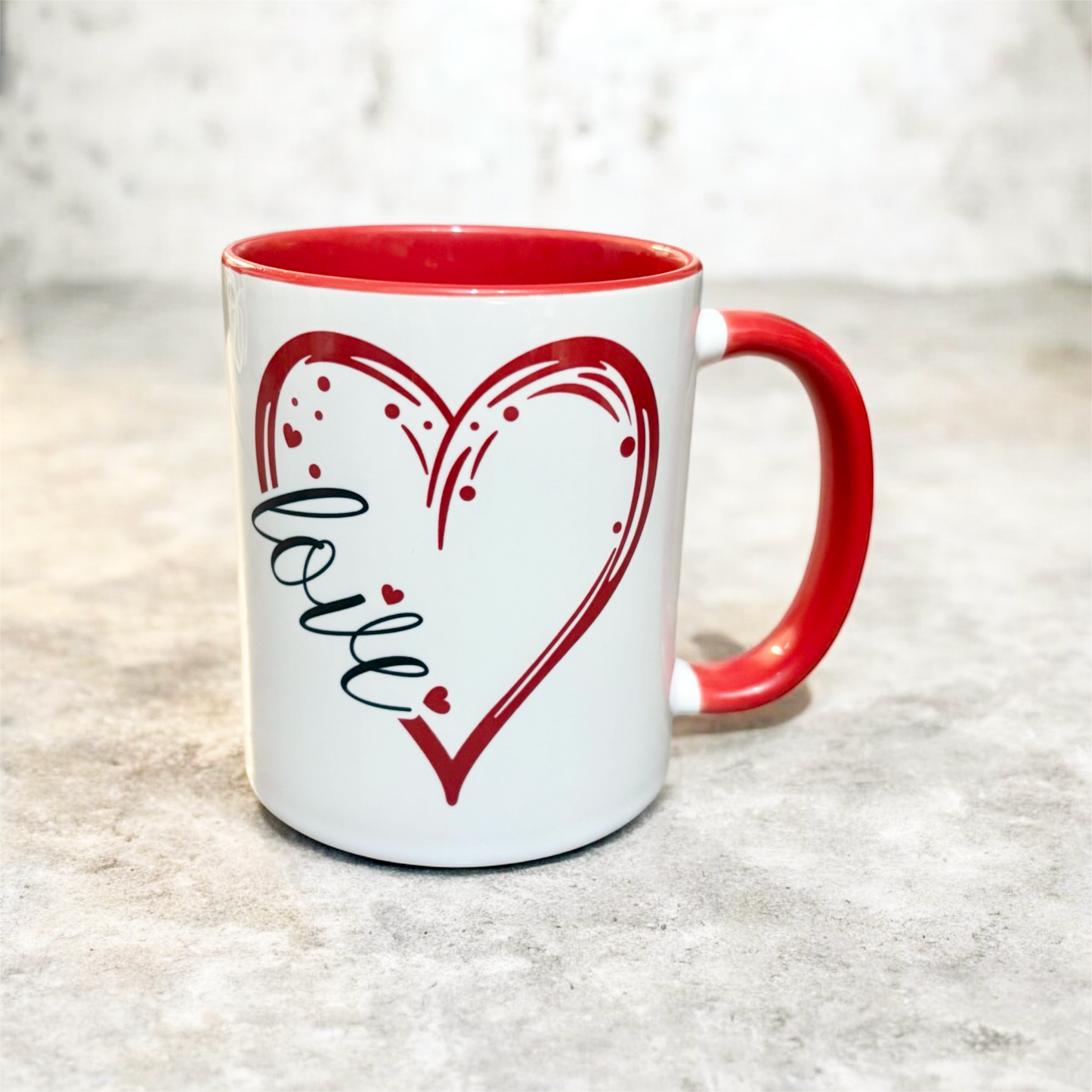Red handle and inner 2 tone love mug with heart hand printed UK