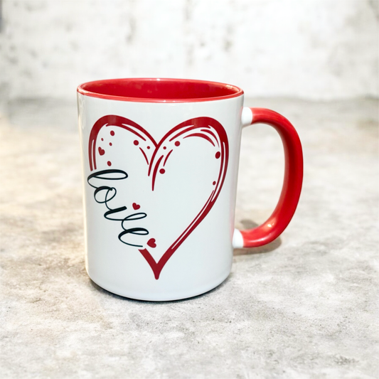 Red handle and inner 2 tone love mug with heart hand printed UK