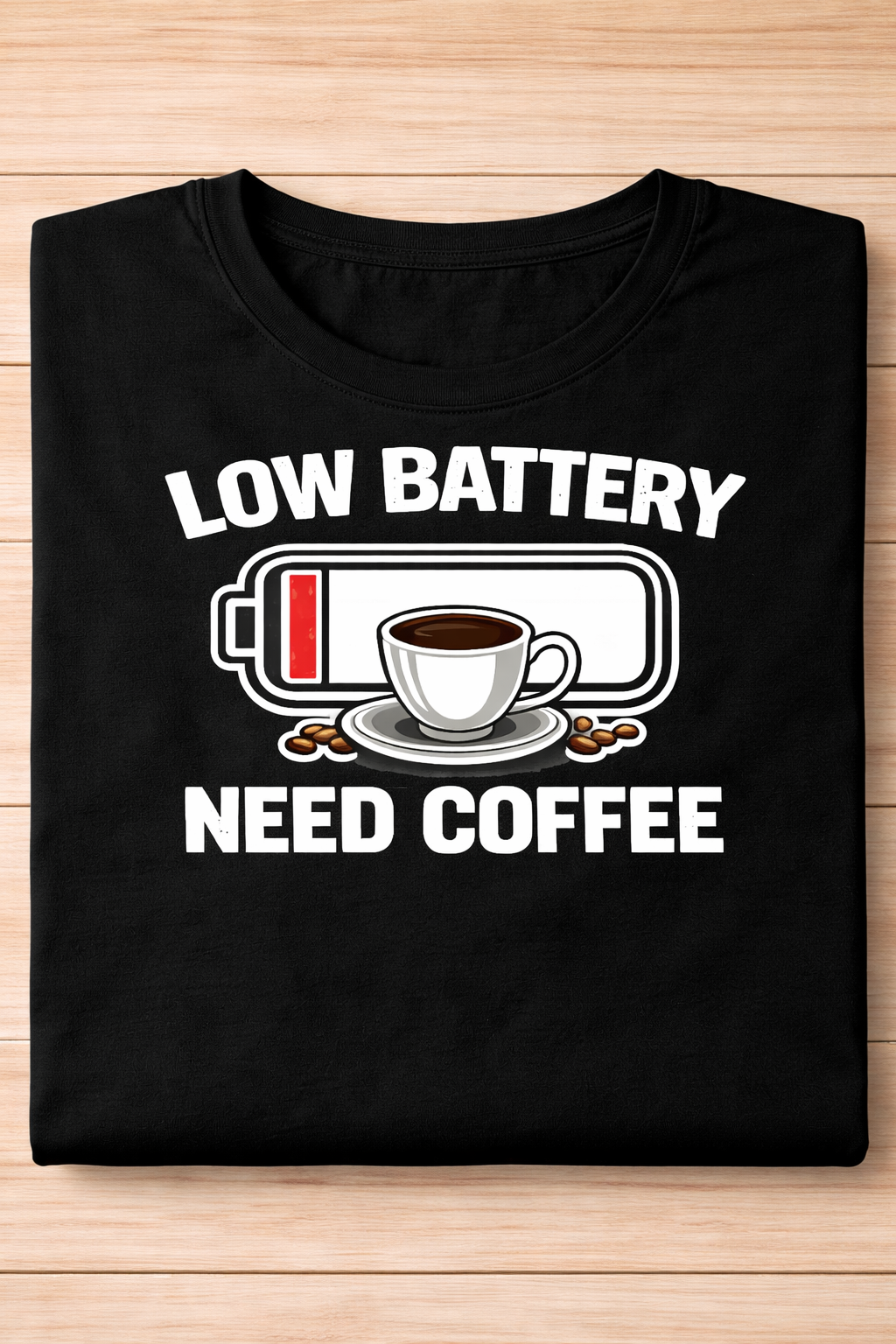 Low battery need coffee funny black t-shirt printed in UK 