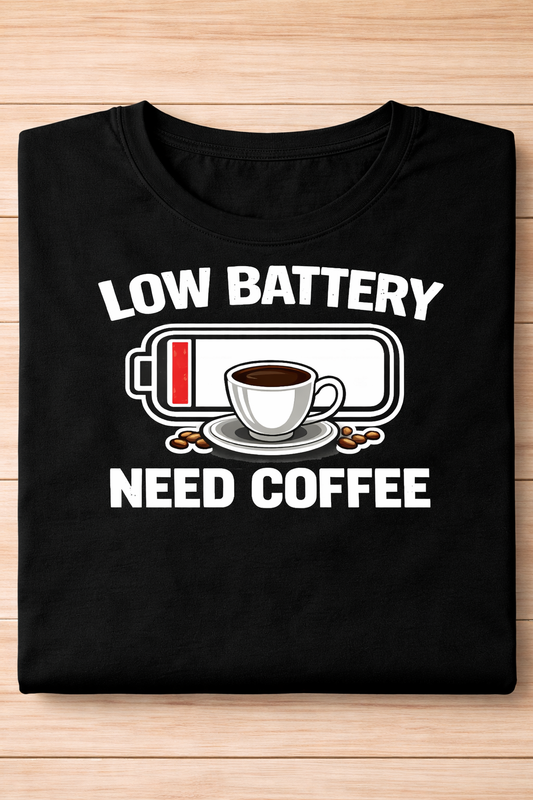 Low battery need coffee funny black t-shirt printed in UK 
