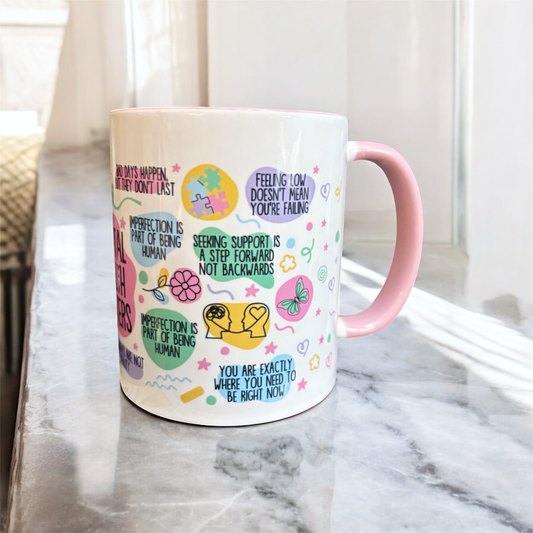 2 tone pink inner and handle ceramic mug with motivational phrases hand printed in the UK