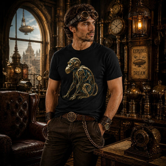 Man wearing a black t-shirt with a gold monkey design in a steampunk-themed room.
