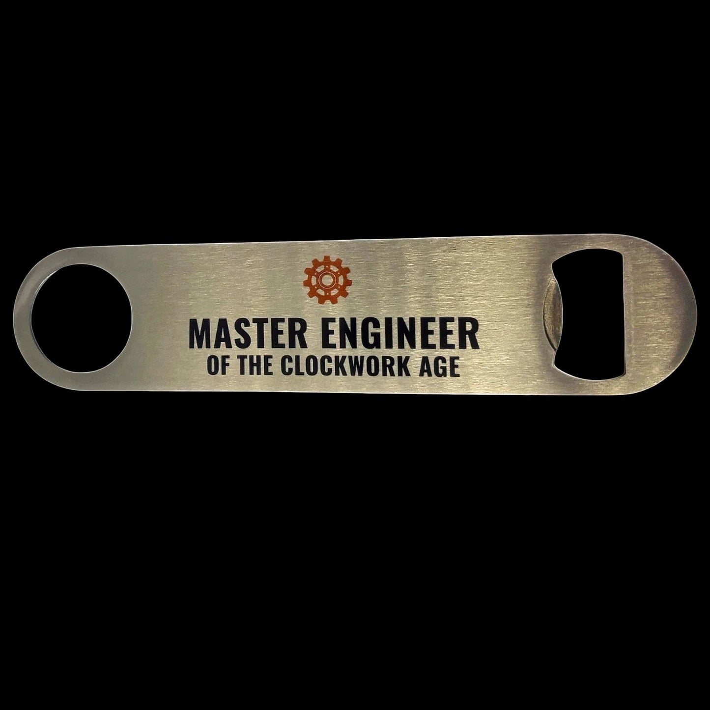 Stainless Steel Bar Blade with Steampunk Cog and black text on black background