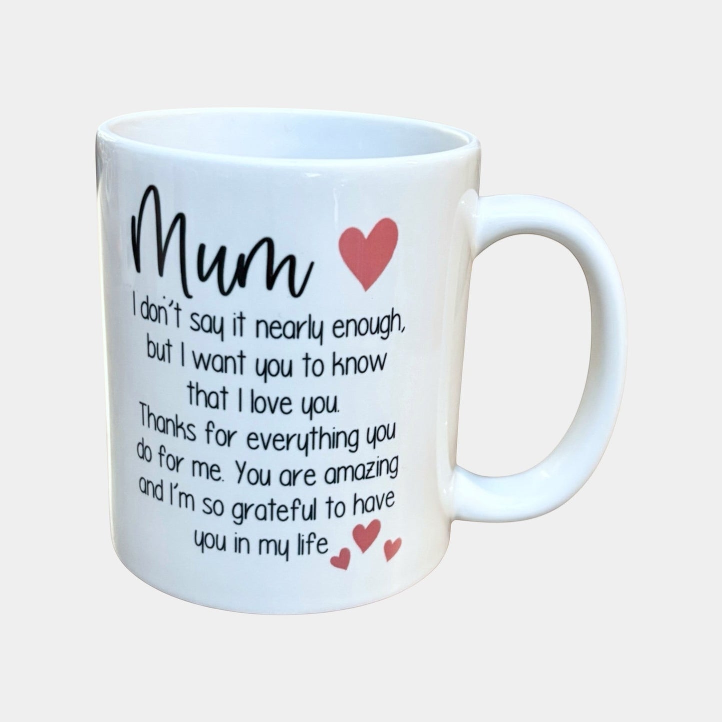 white ceramic mug with message to mum