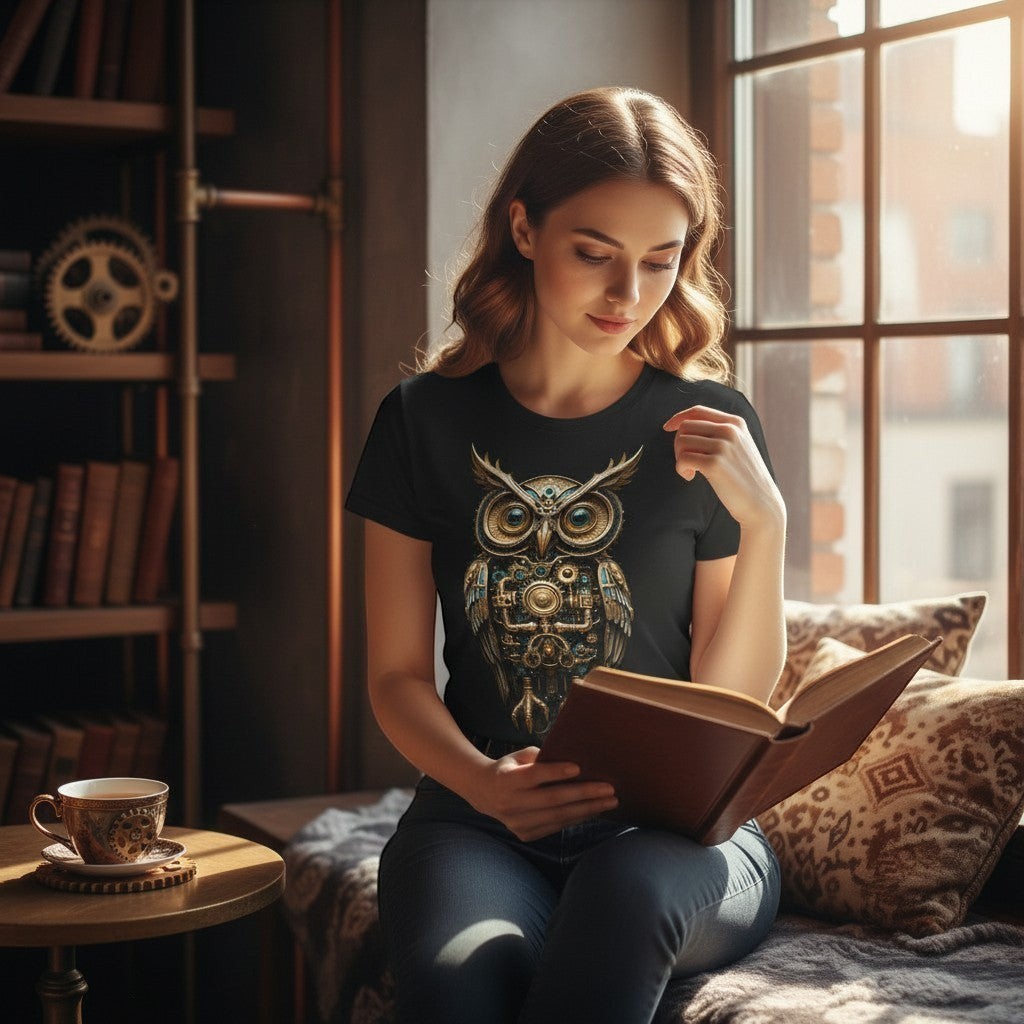 Woman reading a book in a cozy room with a owl-themed t-shirt.