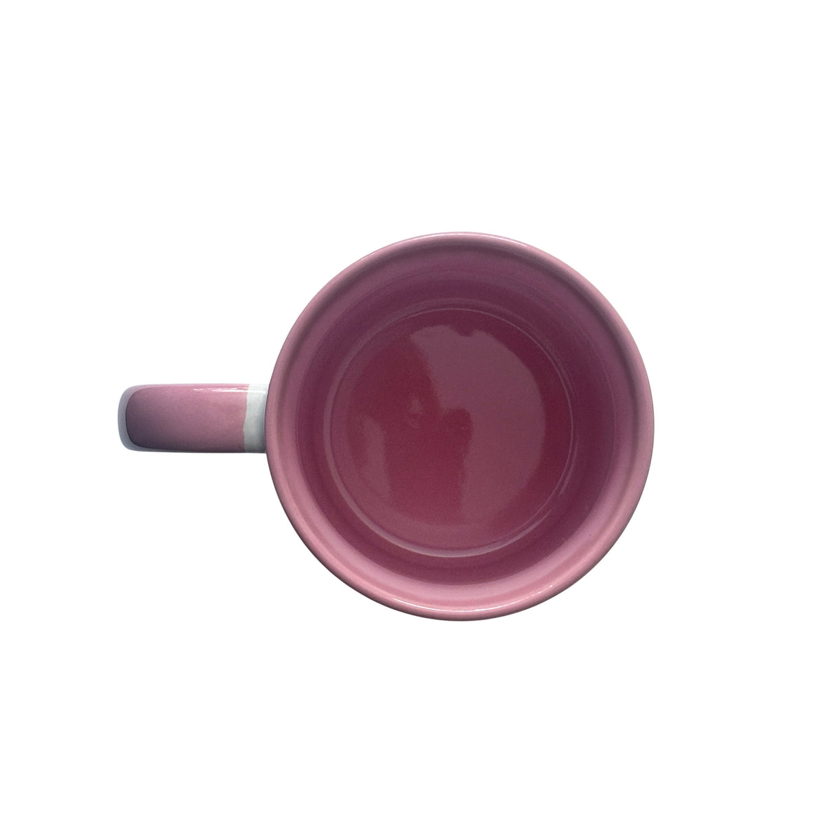 A top-down view of a glossy pink ceramic mug with a matching pink inner and handle, isolated on a white background.