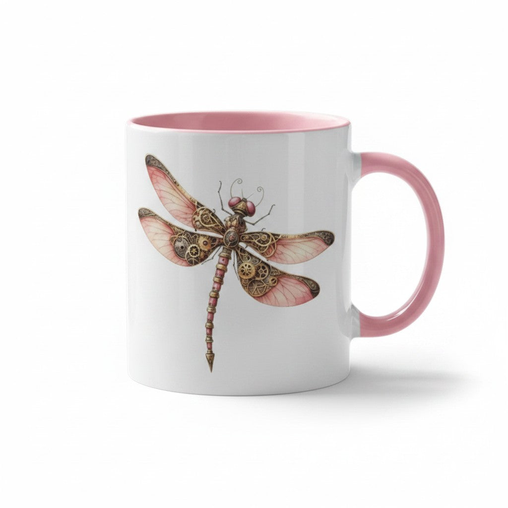 A white ceramic mug with a pink interior and handle, featuring a detailed steampunk dragonfly illustration on the front. Right-handle view. 