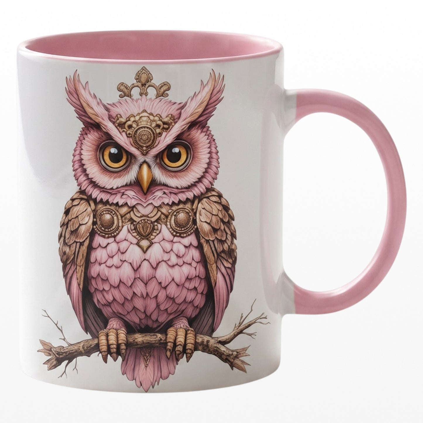 Pink ceramic mug featuring an elegant pink owl with steampunk ornamental details on a branch, large view