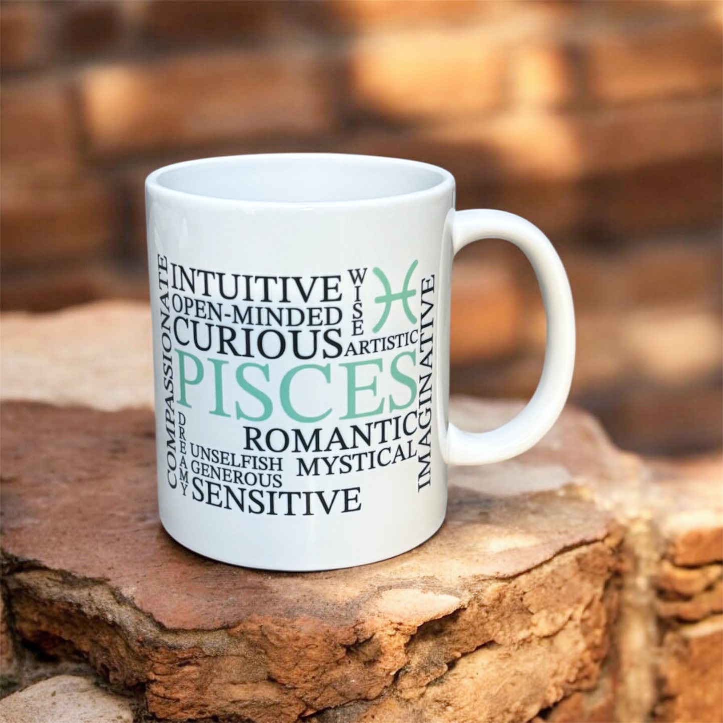 Pisces zodiac mug with illustrated star sign design, printed by hand in the UK