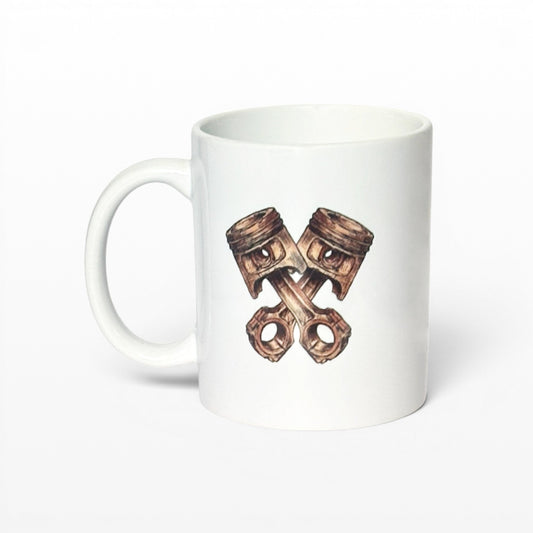 White mug with a design of crossed engine pistons on a grey background