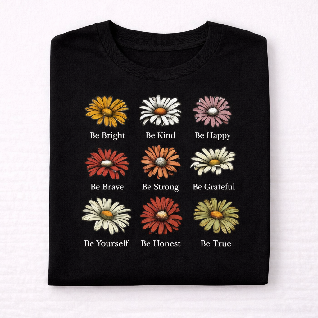 folded black tee showing 9 daisies with inspirational text hand pressed UK