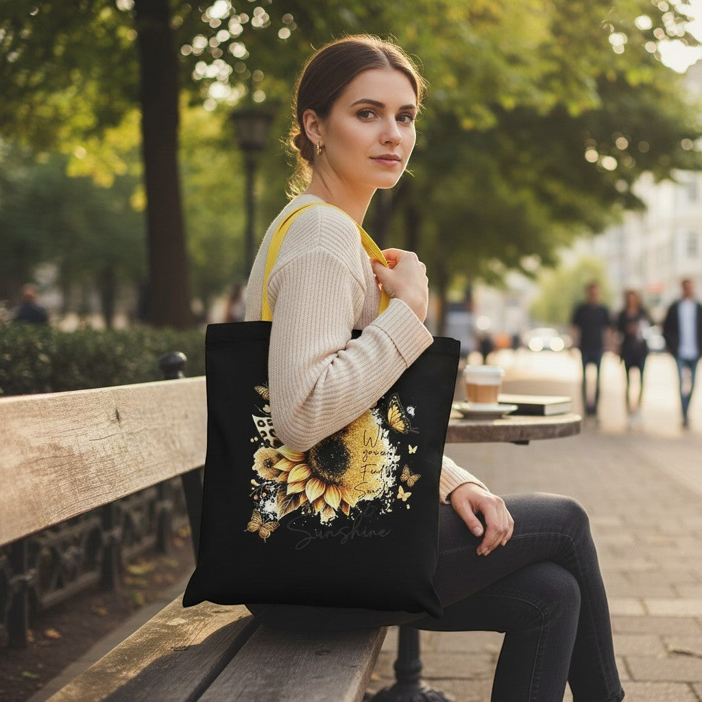 Woman holding a black tote bag with a sunflower design in an outdoor setting.