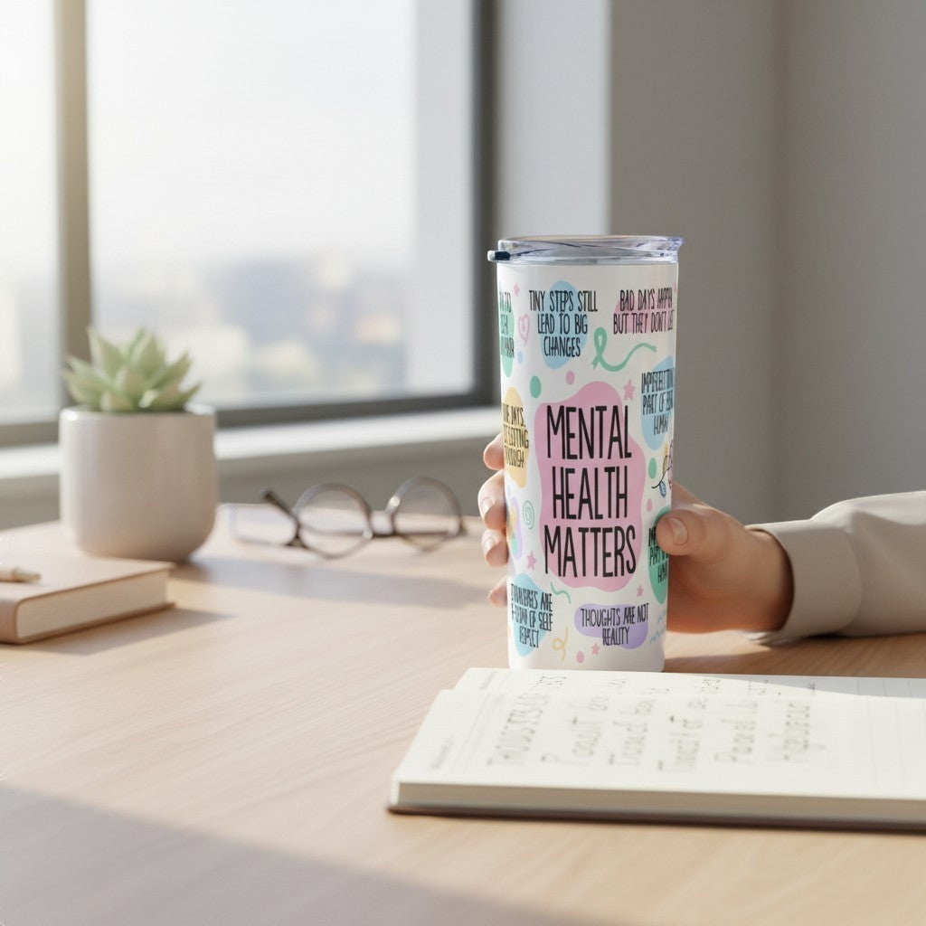 Person holding a tumbler with 'Mental Health Matters' text in an office setting