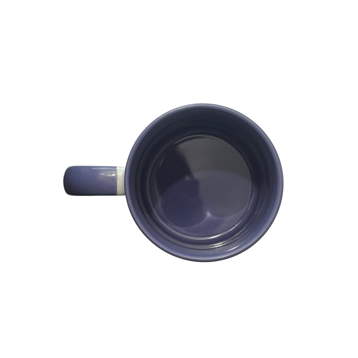 A top-down view of a ceramic mug in a purple colour, showing its purple interior and purple handle against a plain white background.