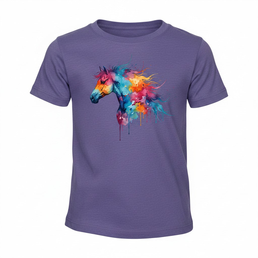 Purple t-shirt with a colourful horse graphic on a white background