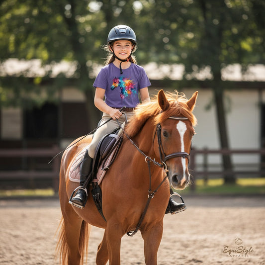 Young girl riding a brown horse in an outdoor equestrian setting wearing a purple shirt with a colourful horse on