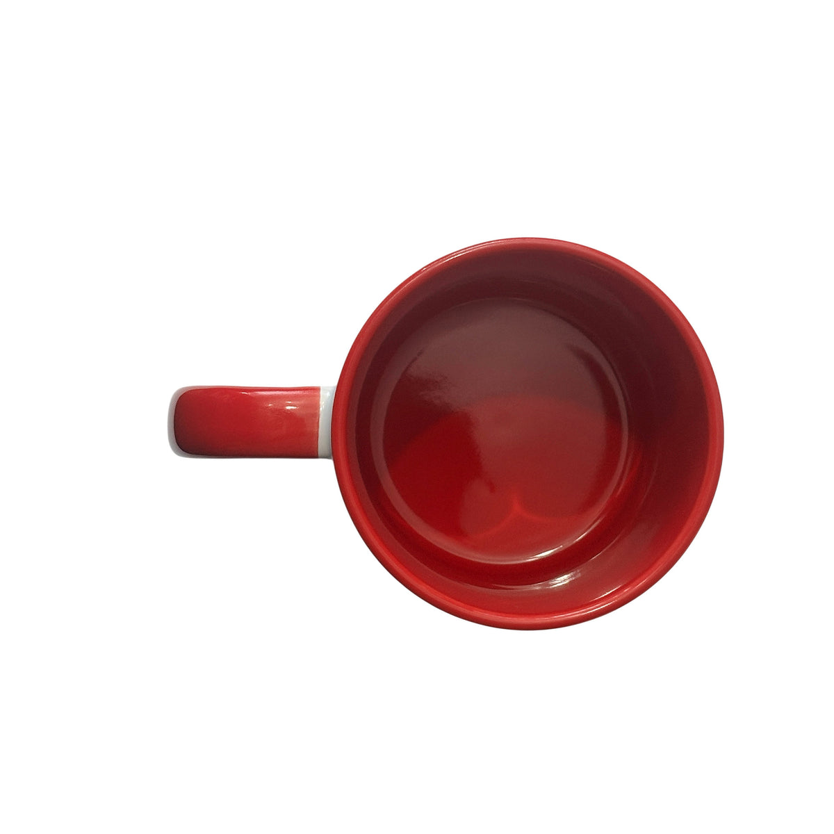 A red ceramic mug shown from a top-down view, highlighting its glossy red interior and red handle, set against a plain white background.