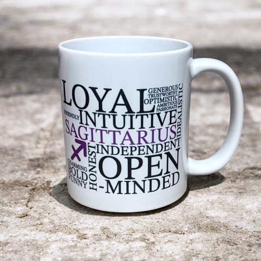 Sagittarius zodiac mug with illustrated star sign design, printed by hand in the UK