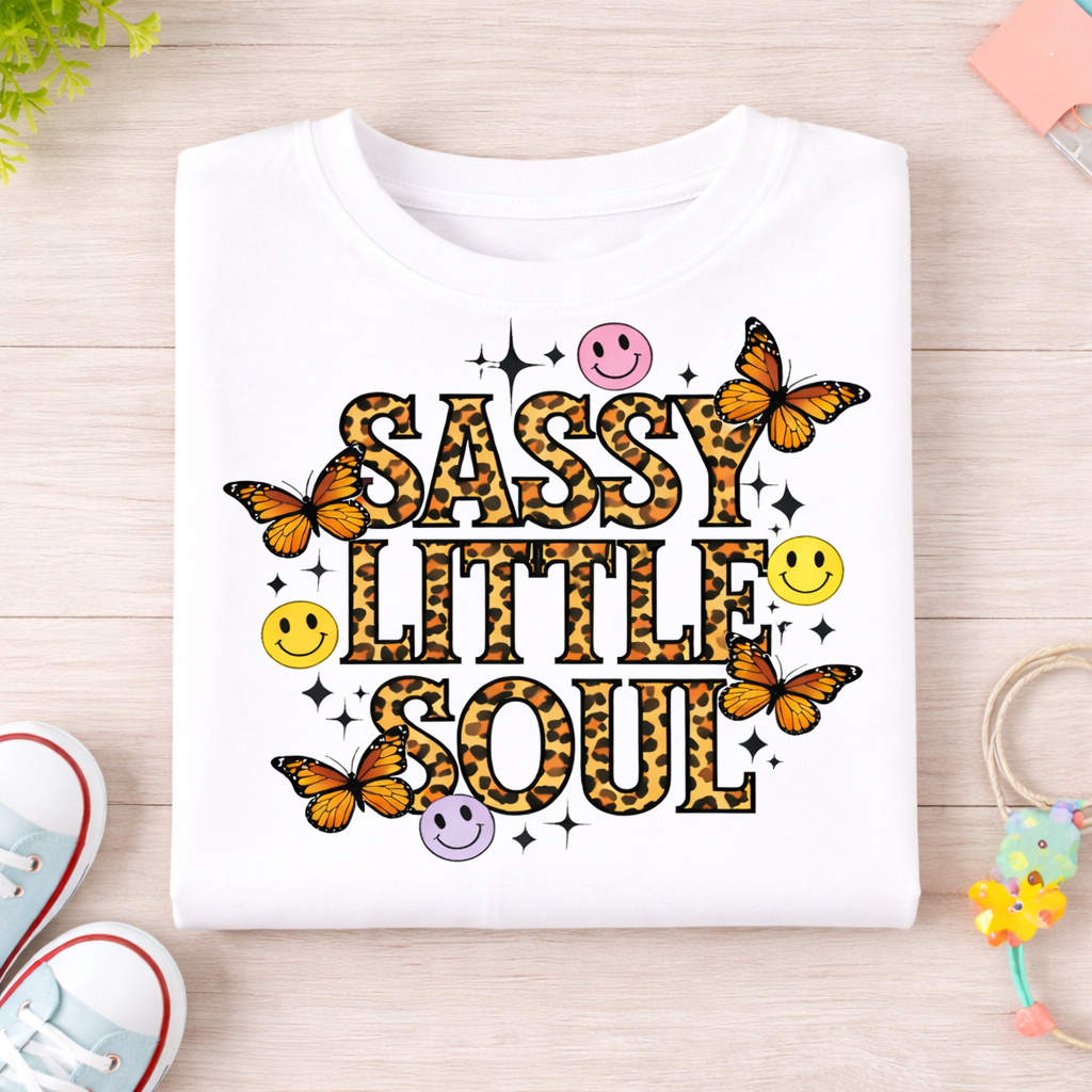 Folded funny kids smiley faces and butterfly design t shirt hand printed in UK