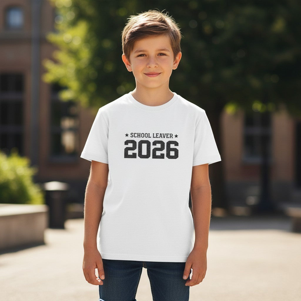 Child wearing a 'School Leaver 2026' t-shirt outdoors.