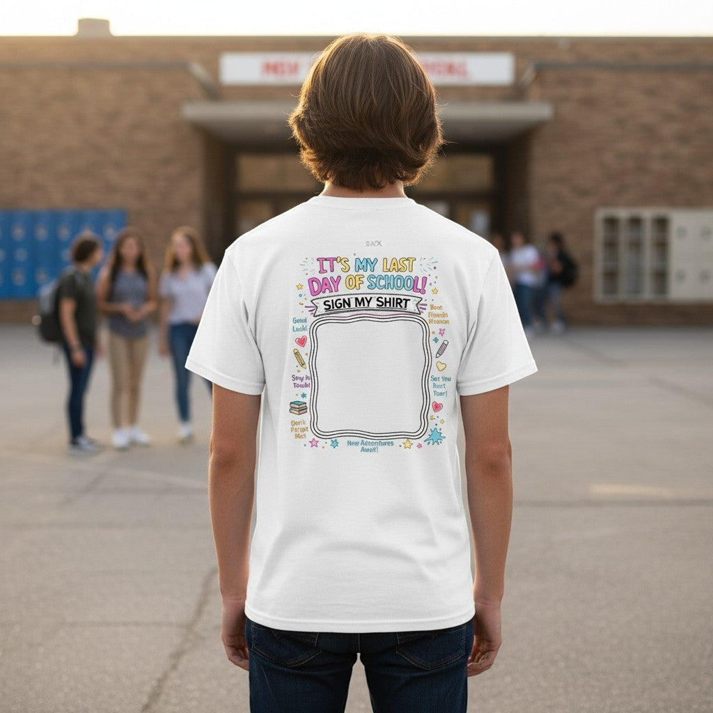 Person wearing a white t-shirt with 'It's my last day of school' text and graphic design, standing in a school courtyard.