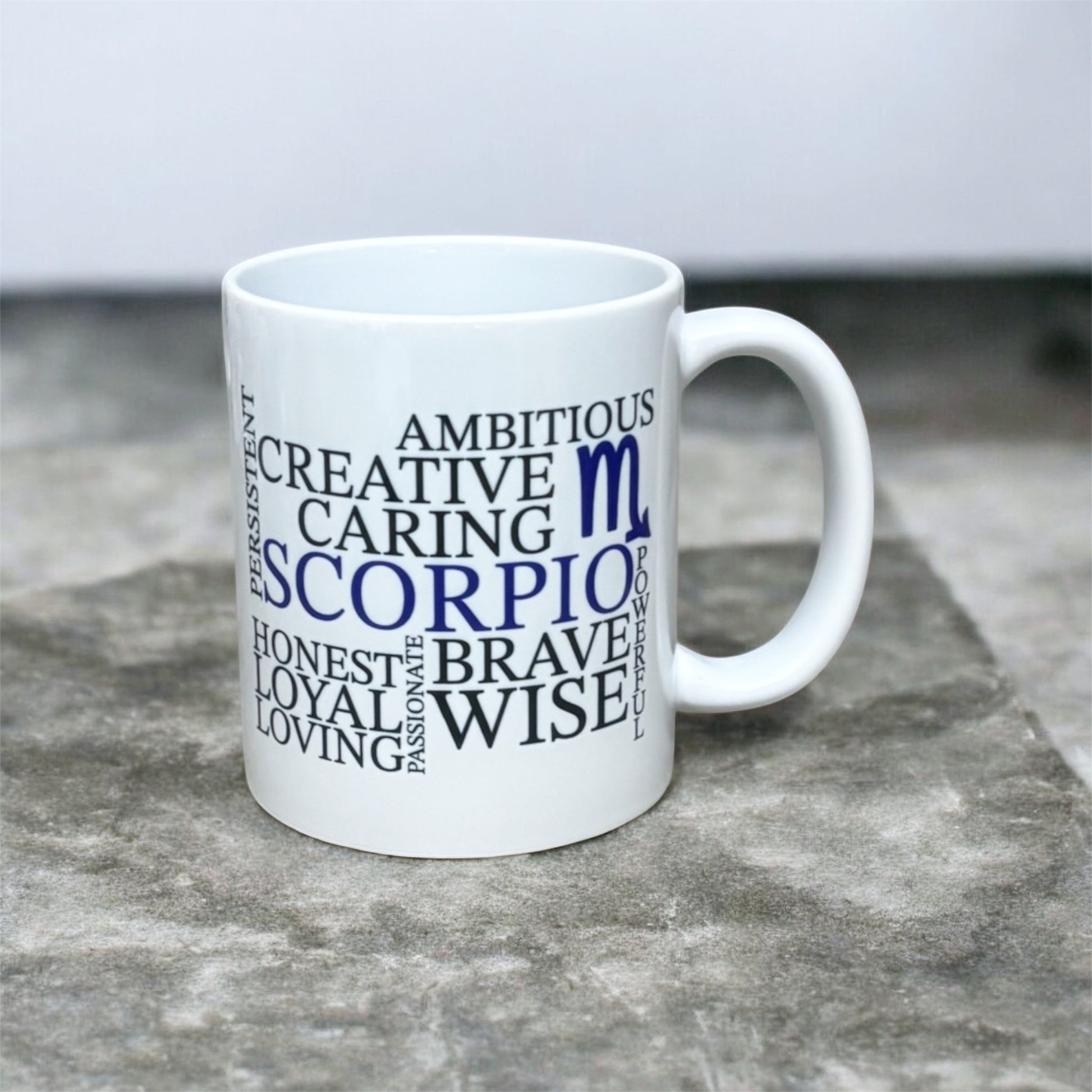 Hand printed in the UK Scorpio zodiac mug with illustrated star sign design
