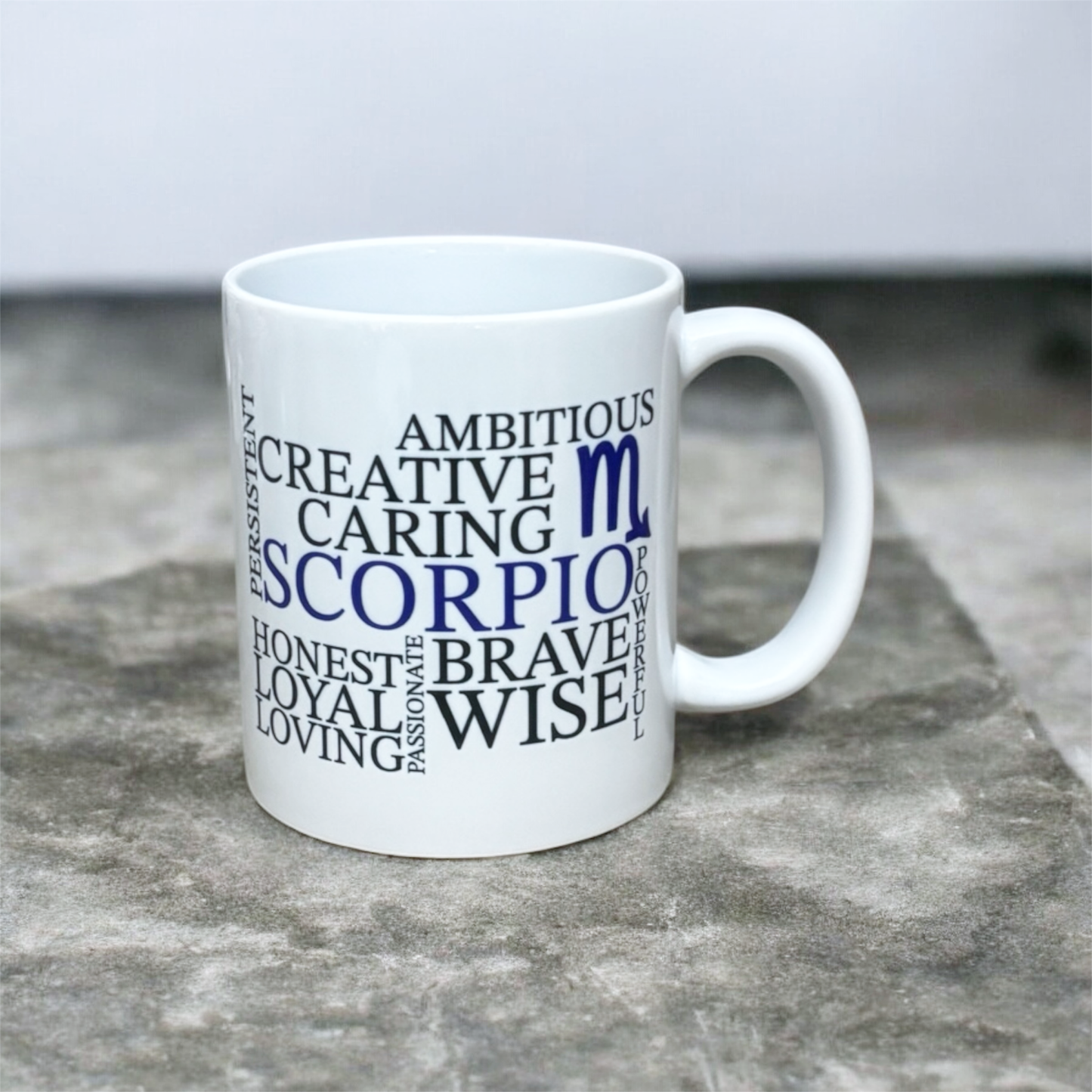 Hand printed in the UK Scorpio zodiac mug with illustrated star sign design