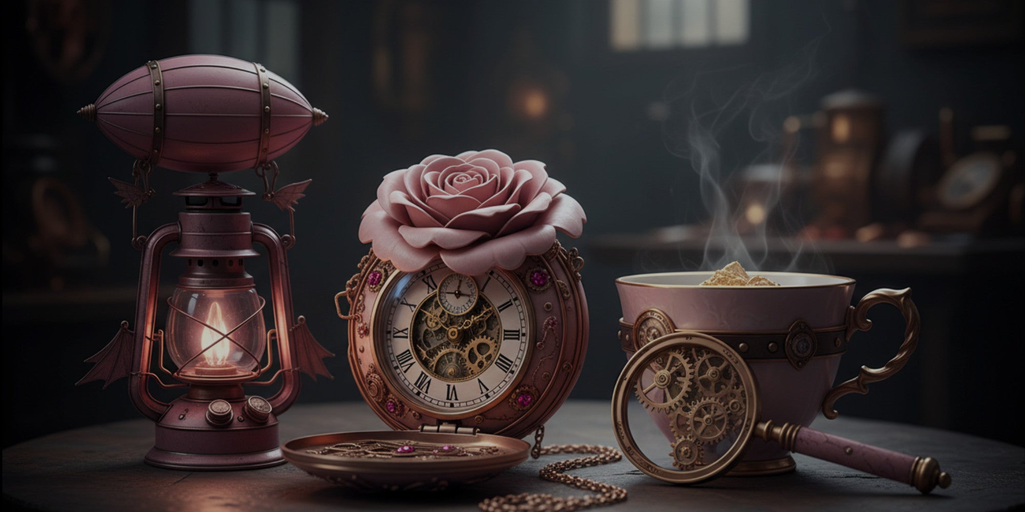 Vintage-style clock with a rose, lantern, and steaming cup on a dark background